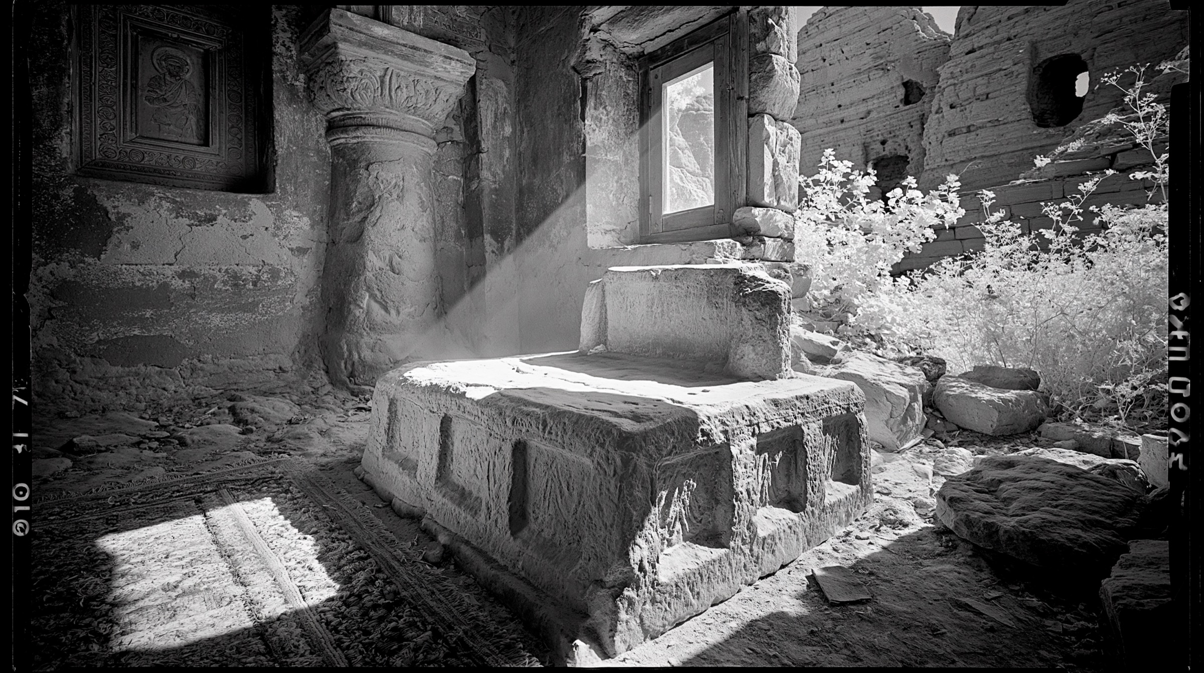 A shaft of light on a stone altar in a dark temple